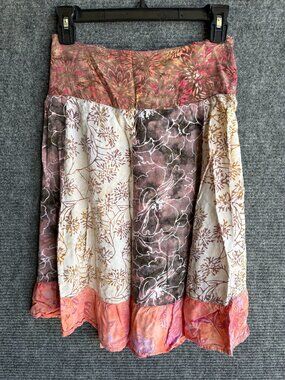 Santiki Patchwork Boho Skirt Womens L Floral Smocked Waist Back